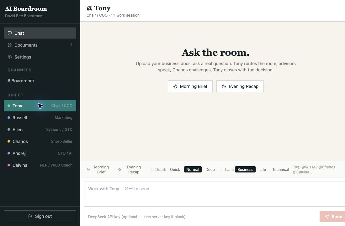 AI Boardroom conversation and advisor workbench preview